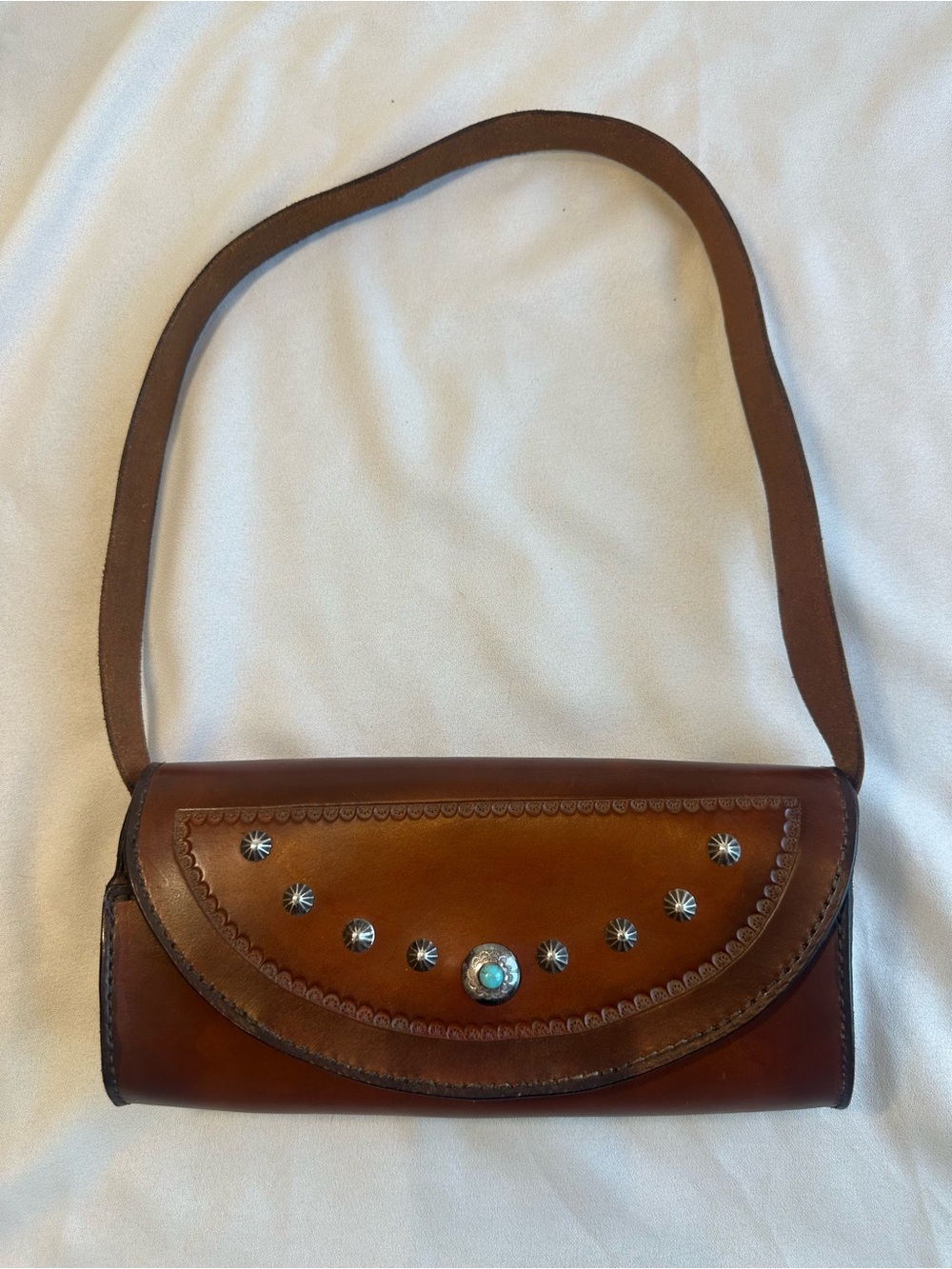 Brown Leather Shoulder Bag with Turquoise Accent